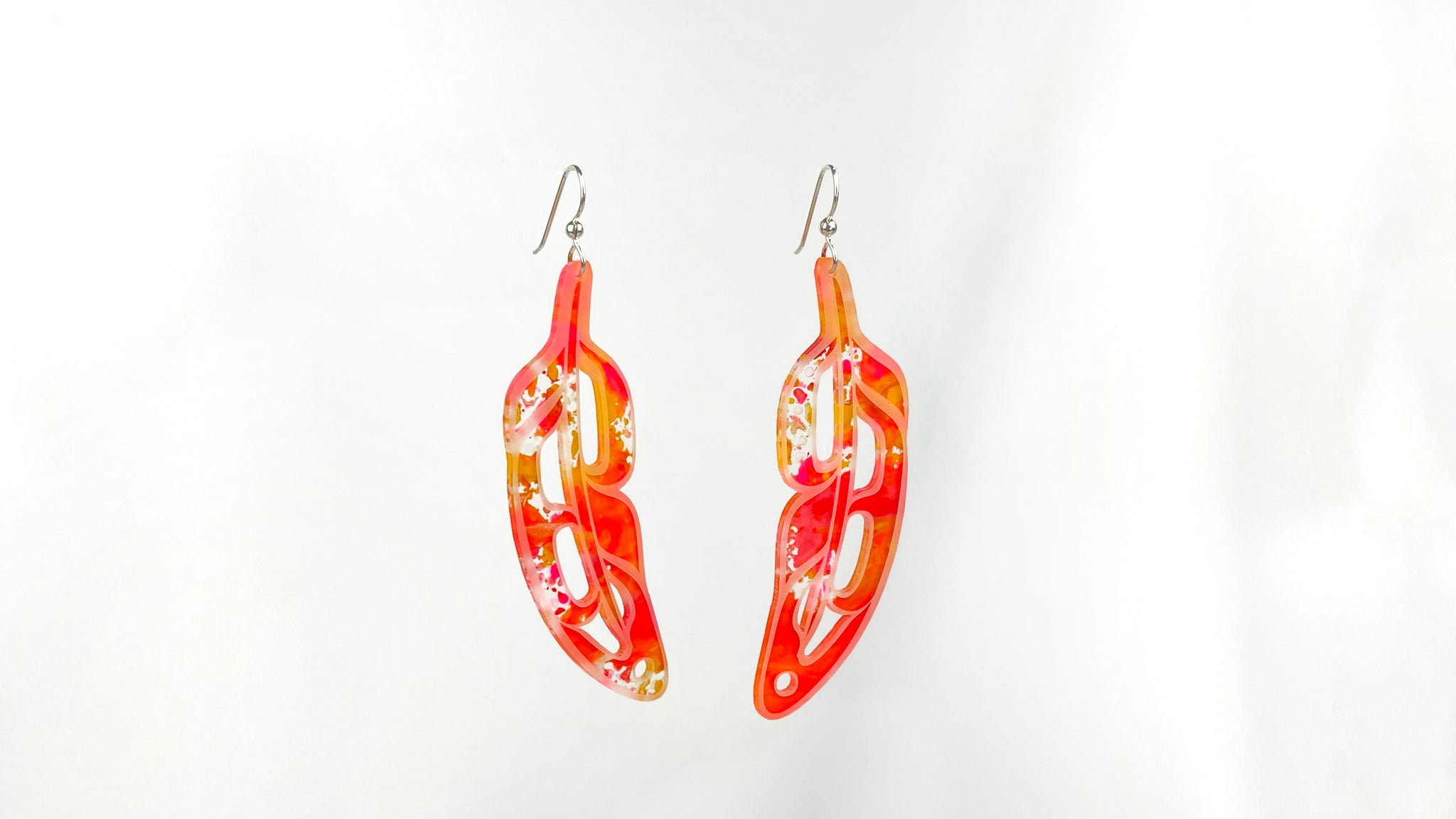 Hand Painted Feathers (Splatter Salmon Berry) Earrings