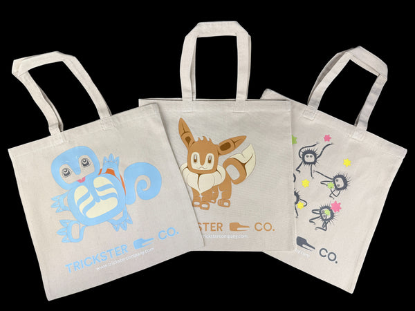 Geeks Canvas Tote Bags (Printed in Alaska!) NEW GEEK TOTES: EEVEE, SQUIRTLE AND SOOT SPRITES!